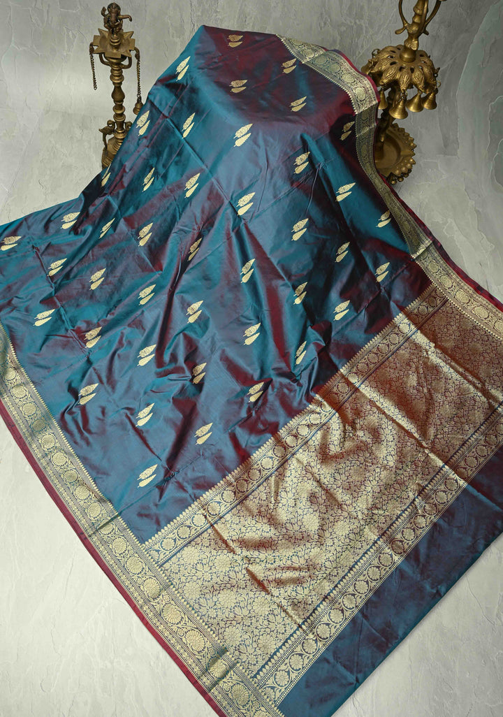 Peacock Blue Dual tone Lightweight Banarasi Katan Silk Saree with Resham Buttas and Border | SILK MARK CERTIFIED