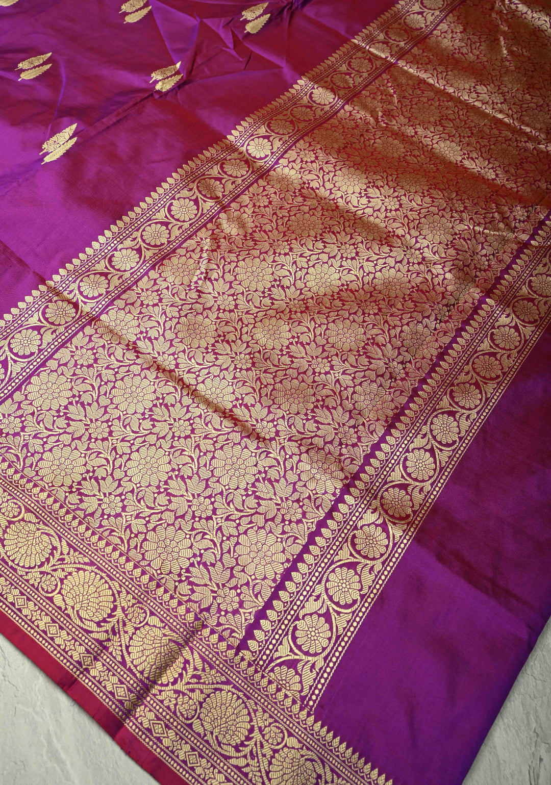 Purple Dual Tone Lightweight Banarasi Katan Silk Saree with Resham Buttas and Border | SILK MARK CERTIFIED | SHOBITAM