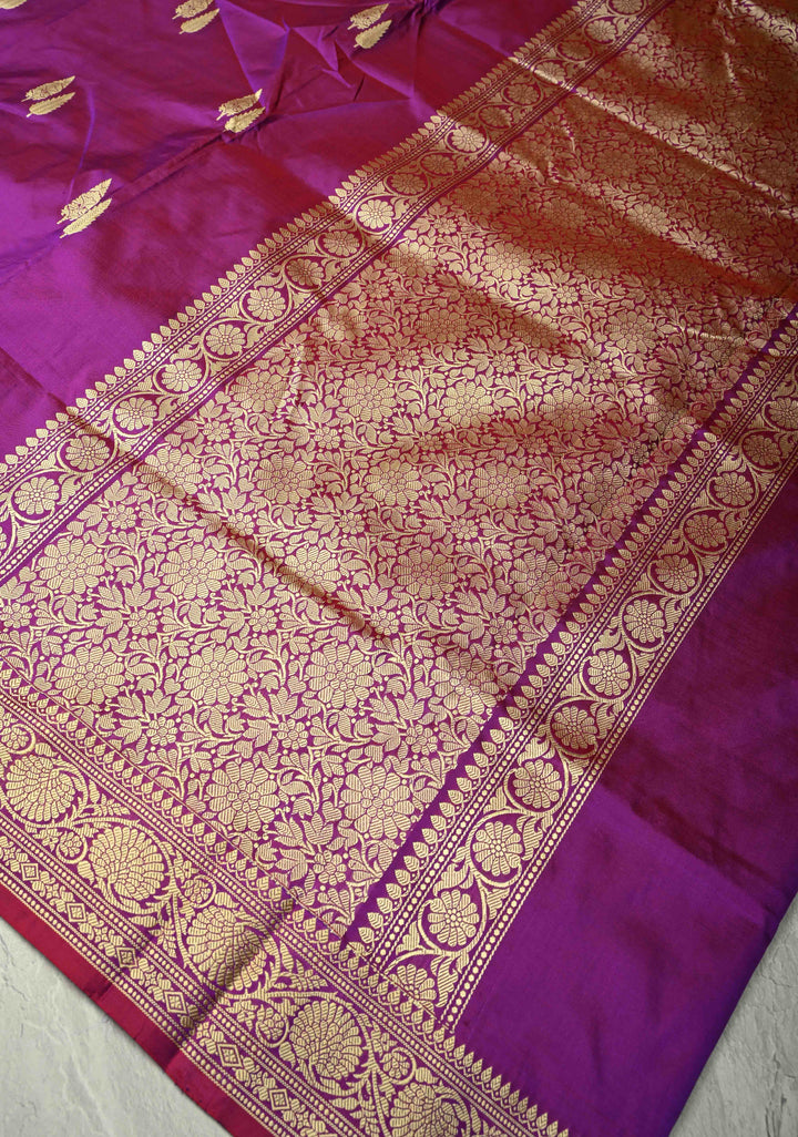 Purple Dual Tone Lightweight Banarasi Katan Silk Saree with Resham Buttas and Border | SILK MARK CERTIFIED | SHOBITAM