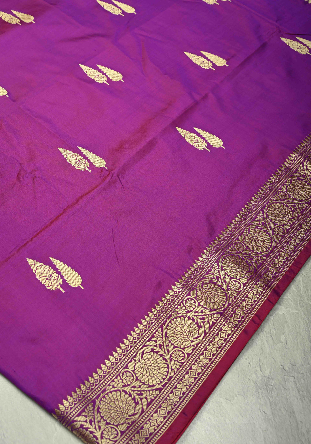 Purple Dual Tone Lightweight Banarasi Katan Silk Saree with Resham Buttas and Border | SILK MARK CERTIFIED | SHOBITAM