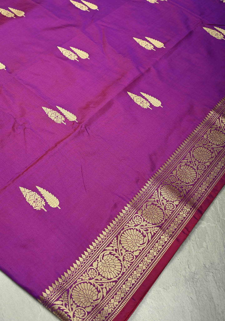 Purple Dual Tone Lightweight Banarasi Katan Silk Saree with Resham Buttas and Border | SILK MARK CERTIFIED | SHOBITAM