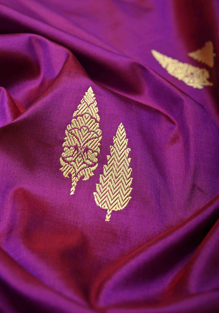 Purple Dual Tone Lightweight Banarasi Katan Silk Saree with Resham Buttas and Border | SILK MARK CERTIFIED | SHOBITAM