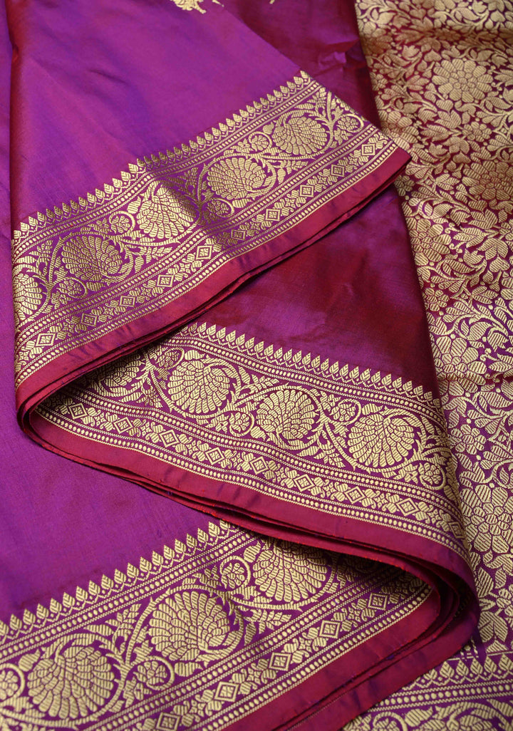Purple Dual Tone Lightweight Banarasi Katan Silk Saree with Resham Buttas and Border | SILK MARK CERTIFIED | SHOBITAM