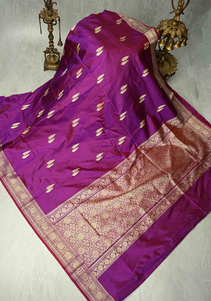 Purple Dual Tone Lightweight Banarasi Katan Silk Saree with Resham Buttas and Border | SILK MARK CERTIFIED | SHOBITAM