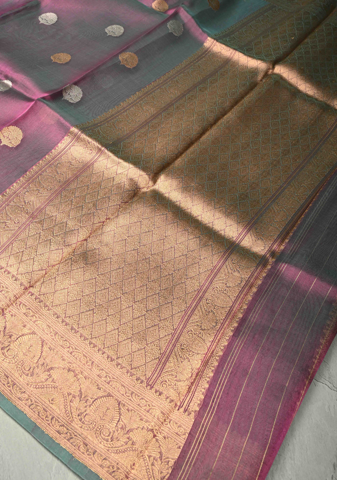 Twilight Lavender Pure Banarasi Organza Tissue Silk Saree with Gold Siver Buttas and Zari Border | SILK MARK CERTIFIED | SHOBITAM