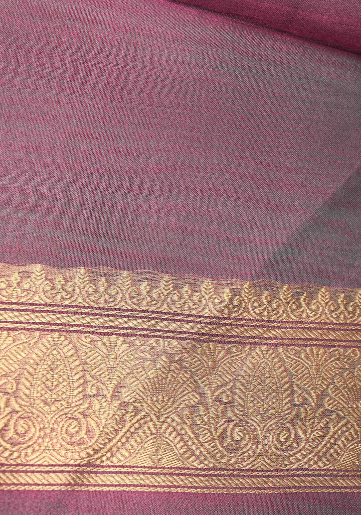 Twilight Lavender Pure Banarasi Organza Tissue Silk Saree with Gold Siver Buttas and Zari Border | SILK MARK CERTIFIED | SHOBITAM