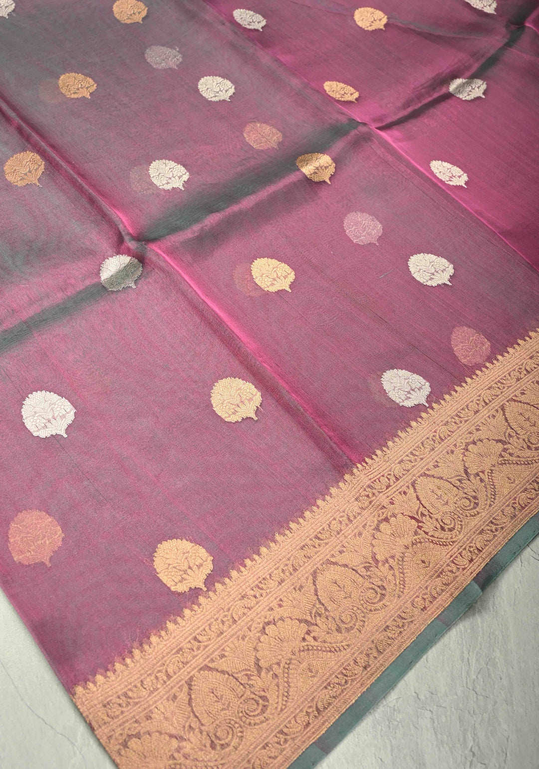 Twilight Lavender Pure Banarasi Organza Tissue Silk Saree with Gold Siver Buttas and Zari Border | SILK MARK CERTIFIED | SHOBITAM