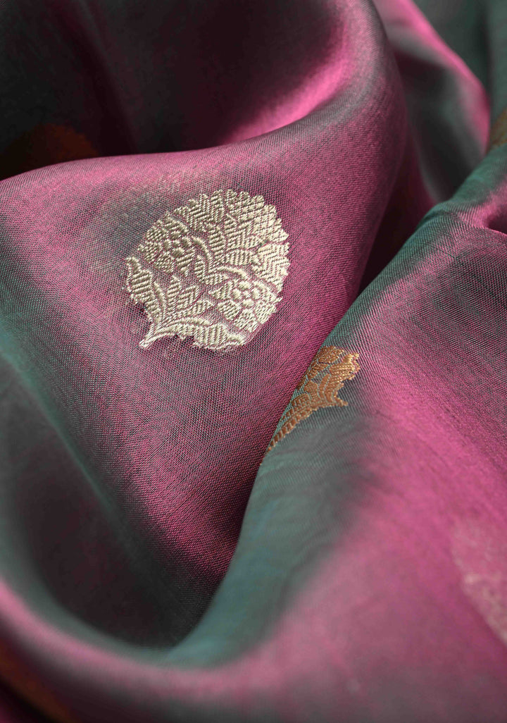 Twilight Lavender Pure Banarasi Organza Tissue Silk Saree with Gold Siver Buttas and Zari Border | SILK MARK CERTIFIED | SHOBITAM