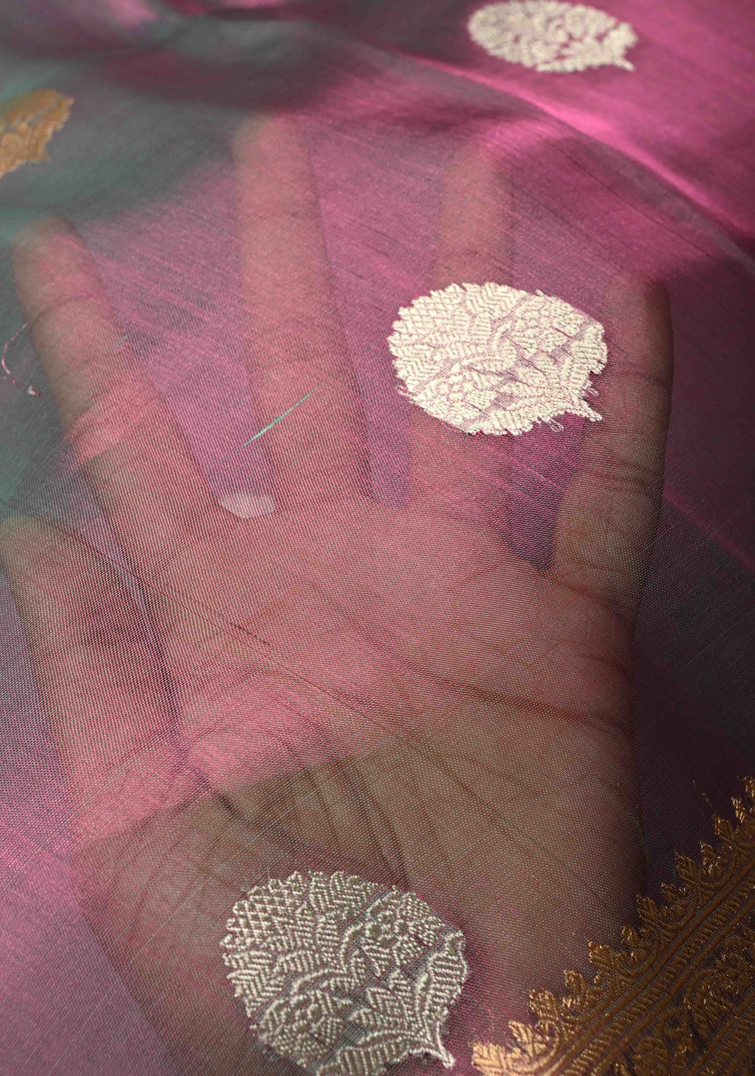 Twilight Lavender Pure Banarasi Organza Tissue Silk Saree with Gold Siver Buttas and Zari Border | SILK MARK CERTIFIED