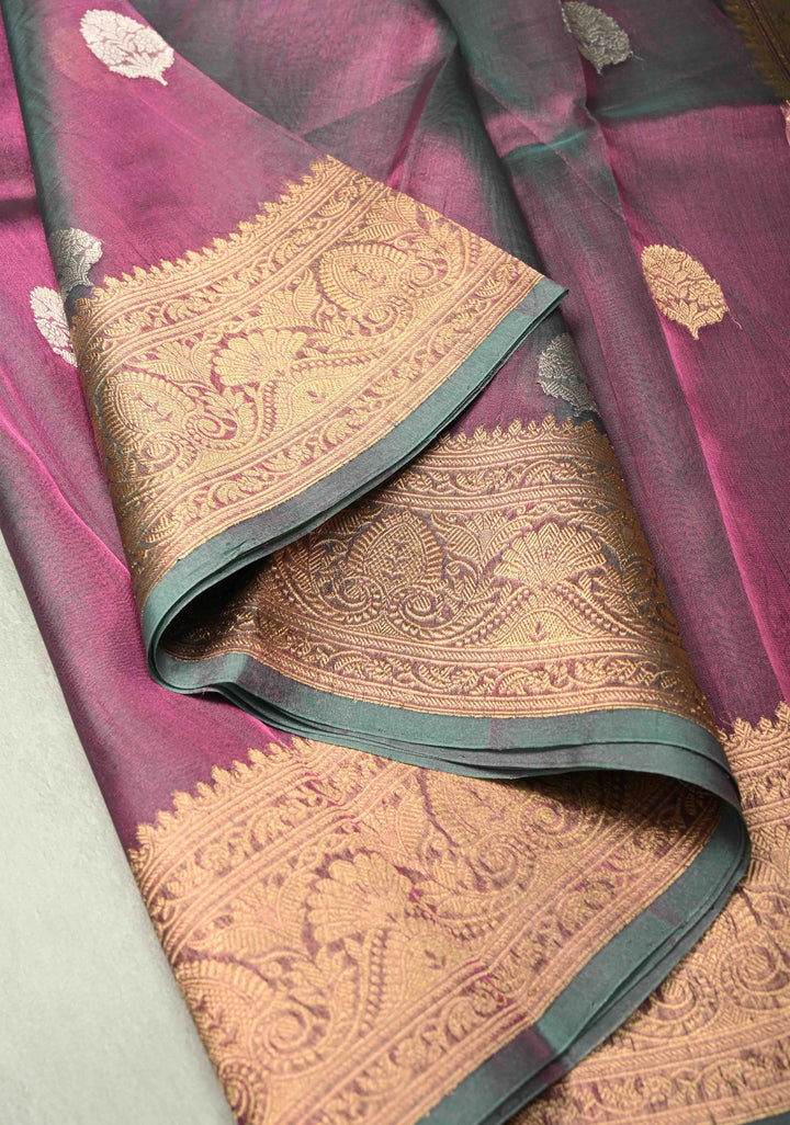 Twilight Lavender Pure Banarasi Organza Tissue Silk Saree with Gold Siver Buttas and Zari Border | SILK MARK CERTIFIED | SHOBITAM