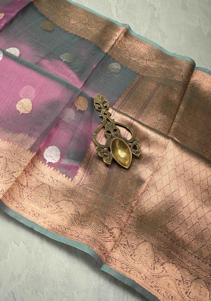 Twilight Lavender Pure Banarasi Organza Tissue Silk Saree with Gold Siver Buttas and Zari Border | SILK MARK CERTIFIED