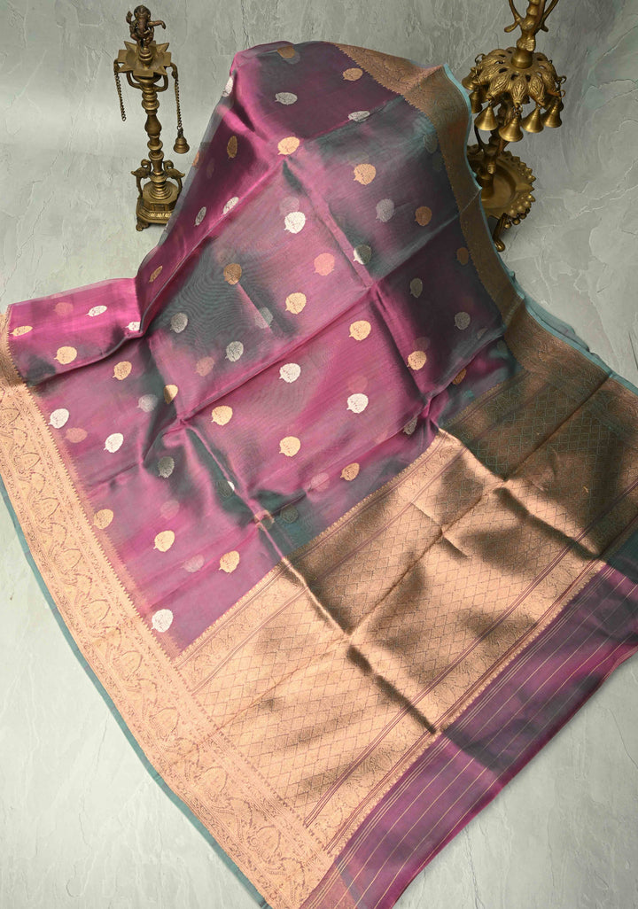 Twilight Lavender Pure Banarasi Organza Tissue Silk Saree with Gold Siver Buttas and Zari Border | SILK MARK CERTIFIED | SHOBITAM