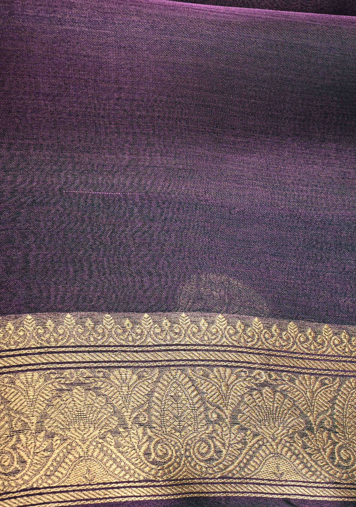 Purple-Green Dual tone Pure Banarasi Organza Tissue Silk Saree with Sona Rupa Buttas and Zari Border | SILK MARK CERTIFIED | SHOBITAM