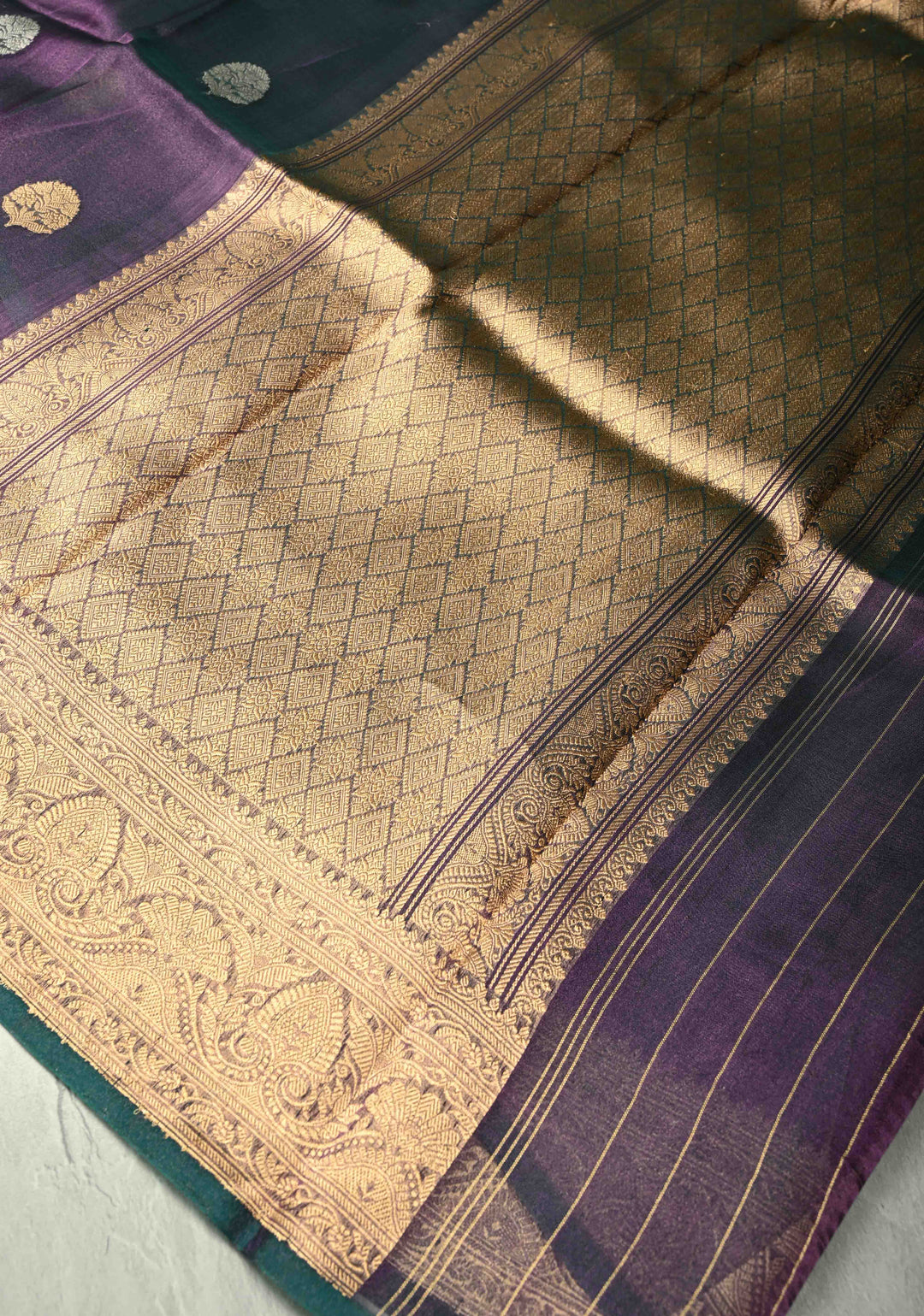 Purple-Green Dual tone Pure Banarasi Organza Tissue Silk Saree with Sona Rupa Buttas and Zari Border | SILK MARK CERTIFIED | SHOBITAM