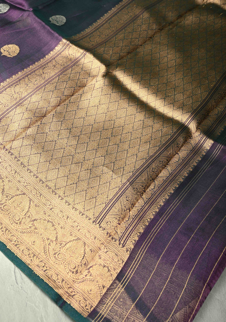 Purple-Green Dual tone Pure Banarasi Organza Tissue Silk Saree with Sona Rupa Buttas and Zari Border | SILK MARK CERTIFIED | SHOBITAM