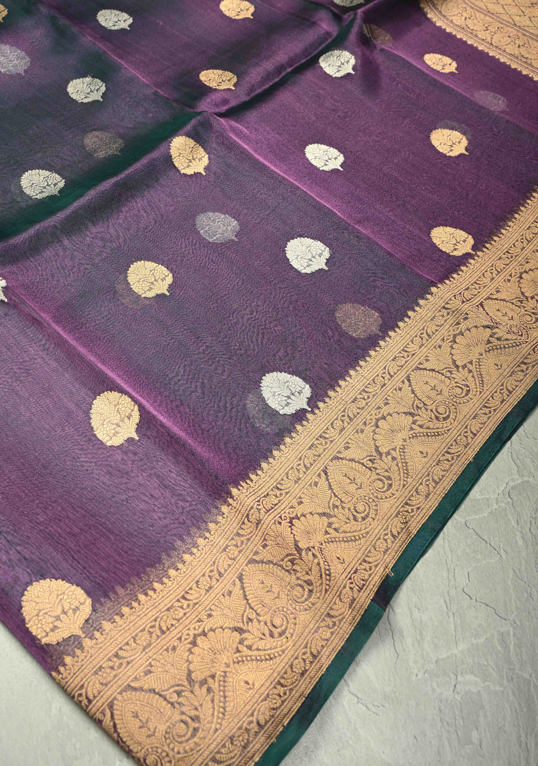 Purple-Green Dual tone Pure Banarasi Organza Tissue Silk Saree with Sona Rupa Buttas and Zari Border | SILK MARK CERTIFIED