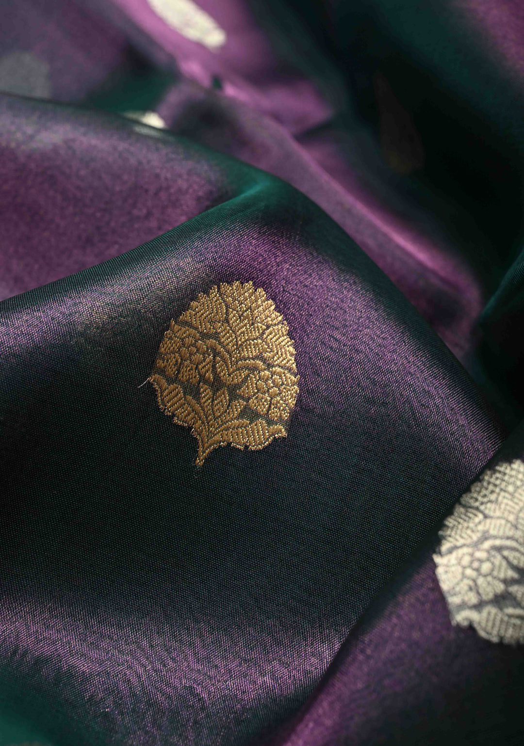Purple-Green Dual tone Pure Banarasi Organza Tissue Silk Saree with Sona Rupa Buttas and Zari Border | SILK MARK CERTIFIED | SHOBITAM