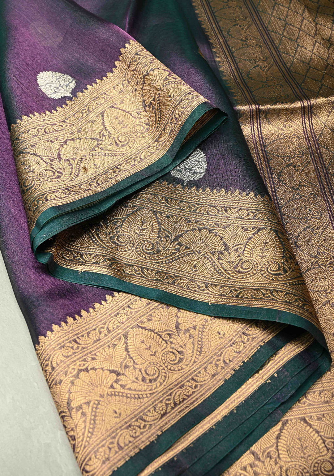 Purple-Green Dual tone Pure Banarasi Organza Tissue Silk Saree with Sona Rupa Buttas and Zari Border | SILK MARK CERTIFIED | SHOBITAM