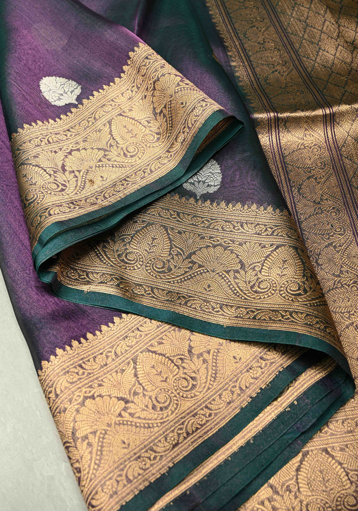 Purple-Green Dual tone Pure Banarasi Organza Tissue Silk Saree with Sona Rupa Buttas and Zari Border | SILK MARK CERTIFIED | SHOBITAM