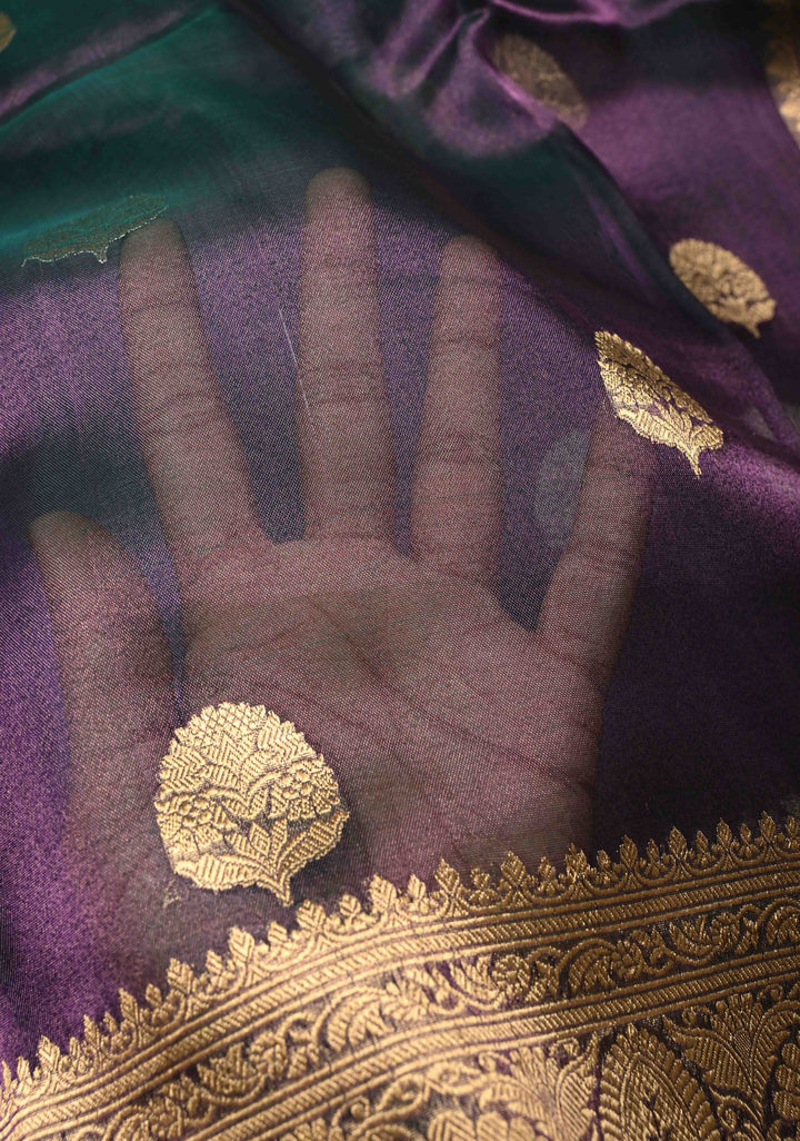 Purple-Green Dual tone Pure Banarasi Organza Tissue Silk Saree with Sona Rupa Buttas and Zari Border | SILK MARK CERTIFIED | SHOBITAM