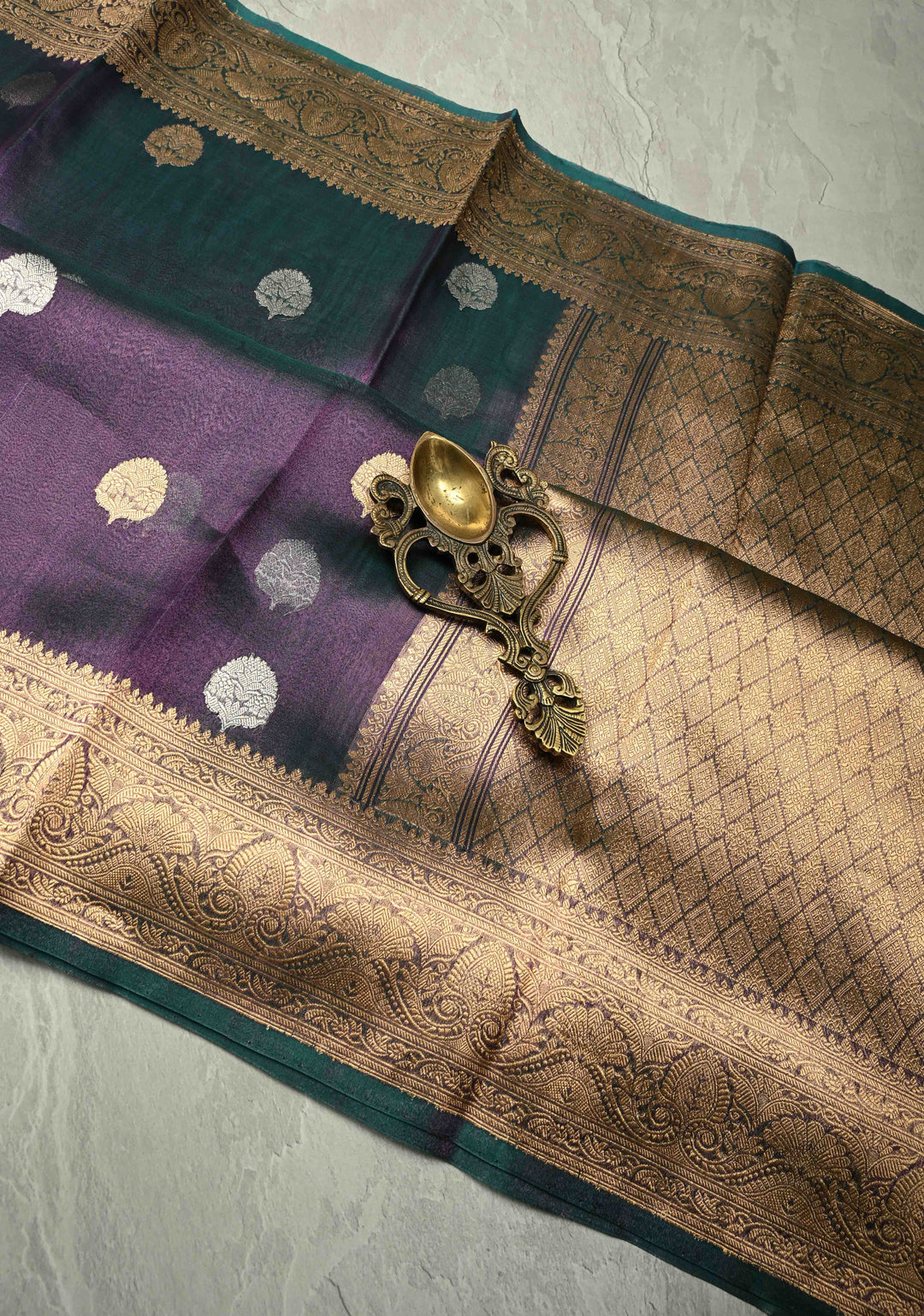 Purple-Green Dual tone Pure Banarasi Organza Tissue Silk Saree with Sona Rupa Buttas and Zari Border | SILK MARK CERTIFIED
