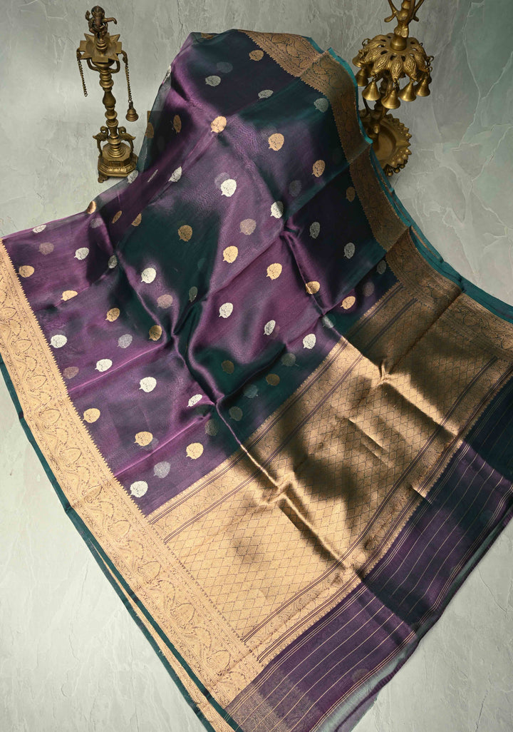Purple-Green Dual tone Pure Banarasi Organza Tissue Silk Saree with Sona Rupa Buttas and Zari Border | SILK MARK CERTIFIED | SHOBITAM