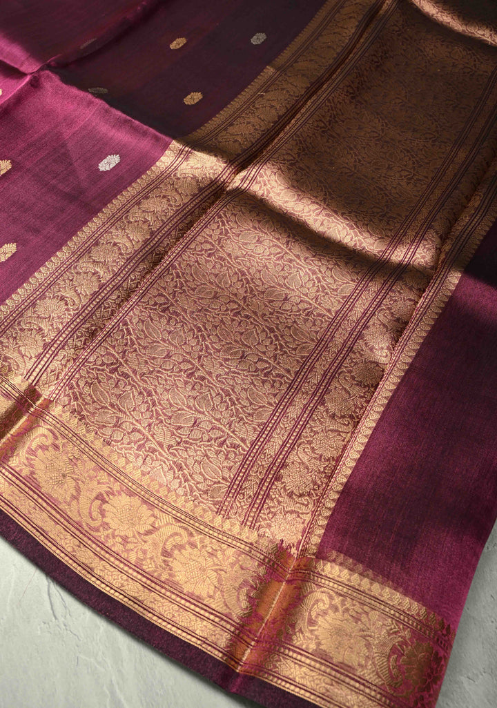 Ruby Wine Pure Banarasi Organza Tissue Silk Saree with Sona Rupa Buttas and Zari Border | SILK MARK CERTIFIED