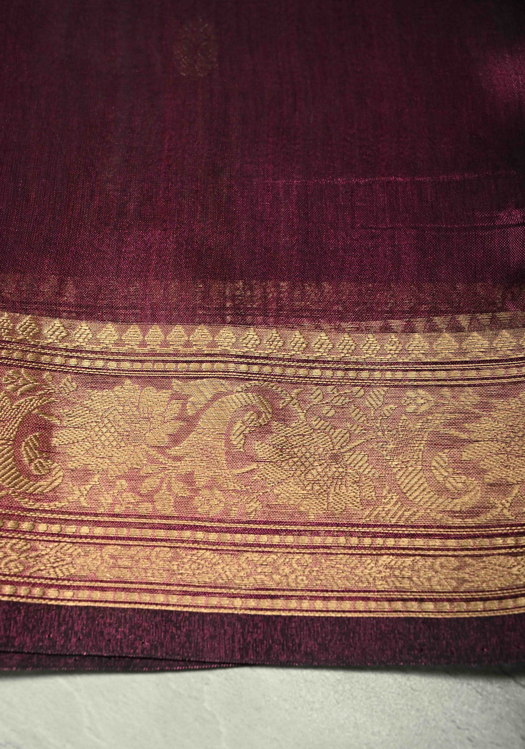 Ruby Wine Pure Banarasi Organza Tissue Silk Saree with Sona Rupa Buttas and Zari Border | SILK MARK CERTIFIED