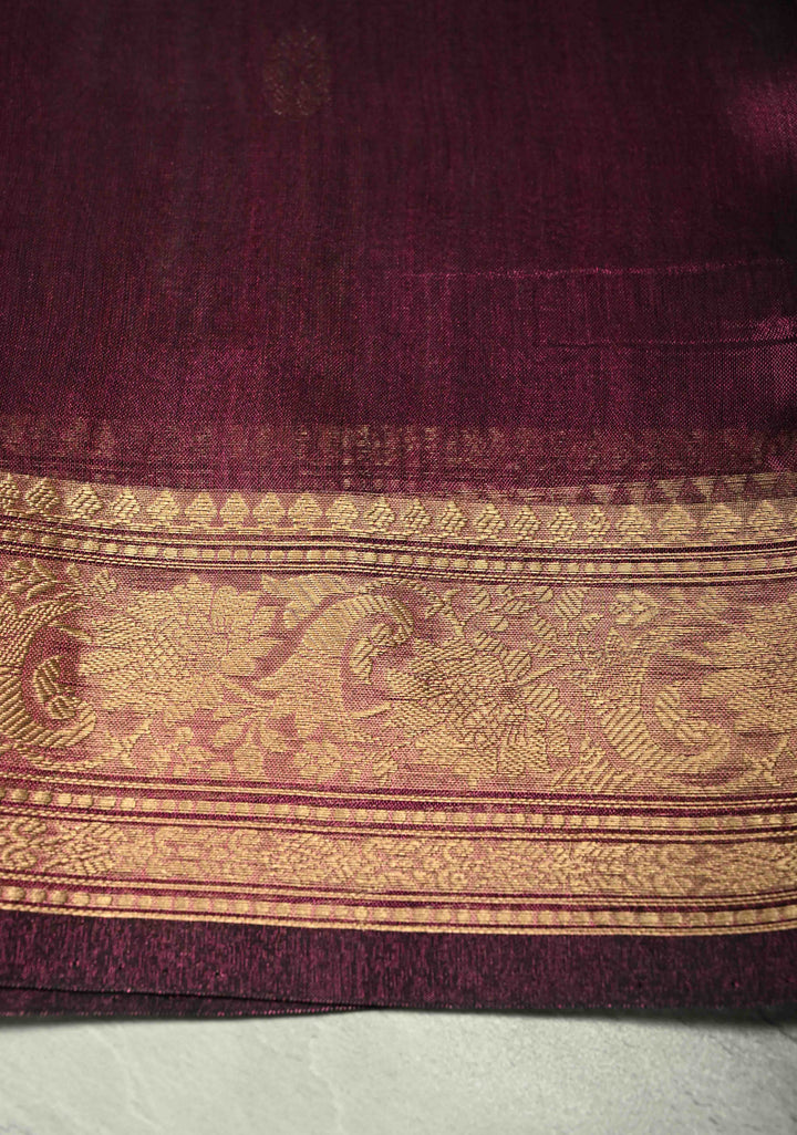 Ruby Wine Pure Banarasi Organza Tissue Silk Saree with Sona Rupa Buttas and Zari Border | SILK MARK CERTIFIED