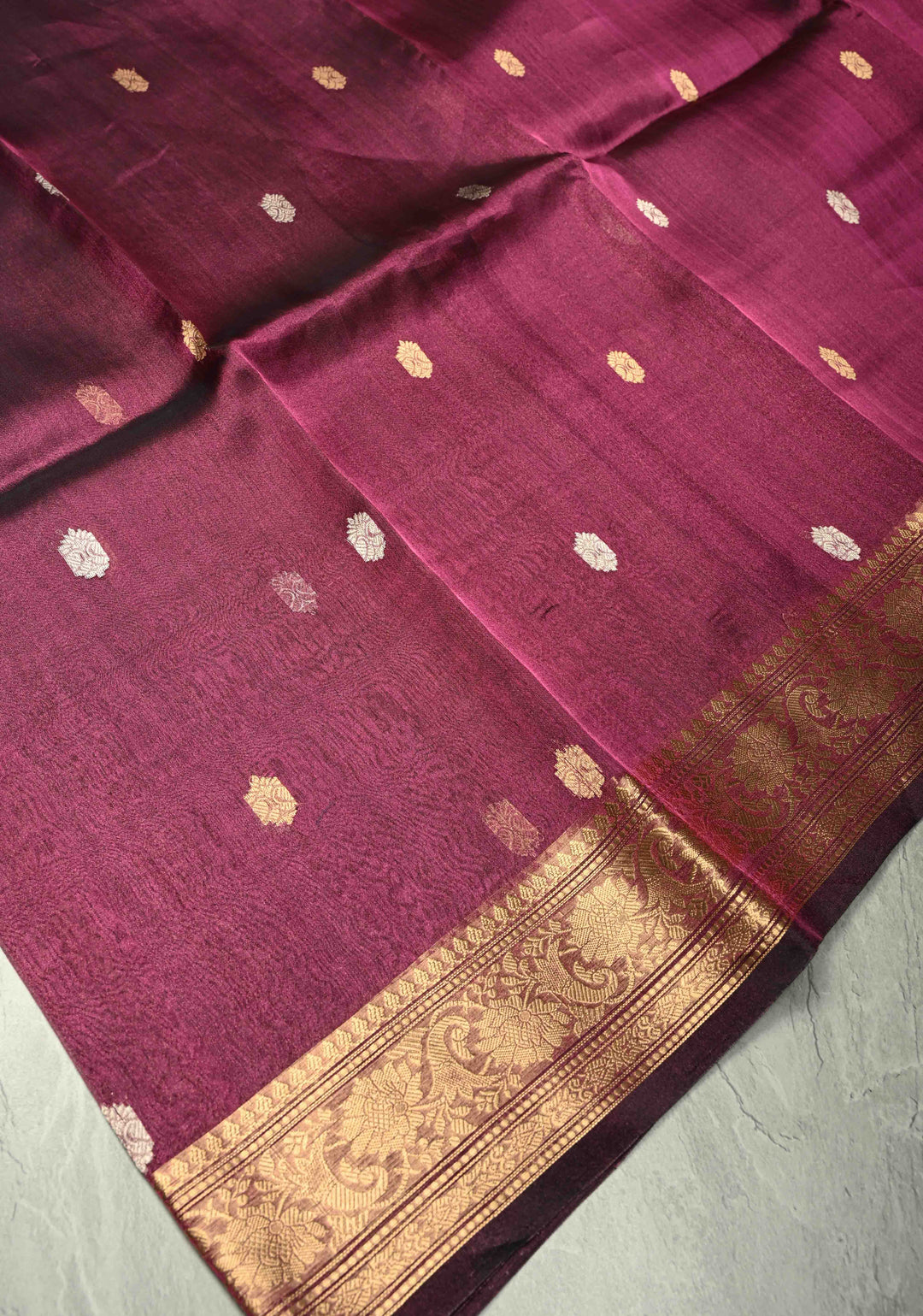 Ruby Wine Pure Banarasi Organza Tissue Silk Saree with Sona Rupa Buttas and Zari Border | SILK MARK CERTIFIED