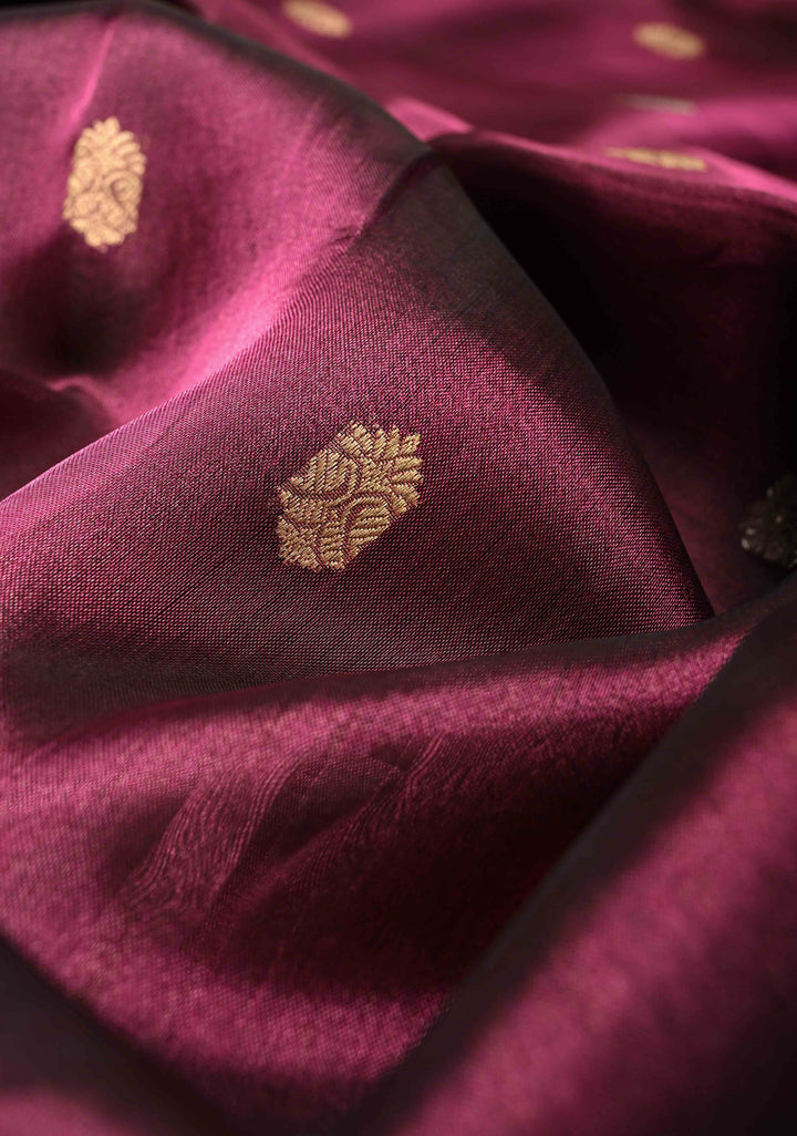 Ruby Wine Pure Banarasi Organza Tissue Silk Saree with Sona Rupa Buttas and Zari Border | SILK MARK CERTIFIED