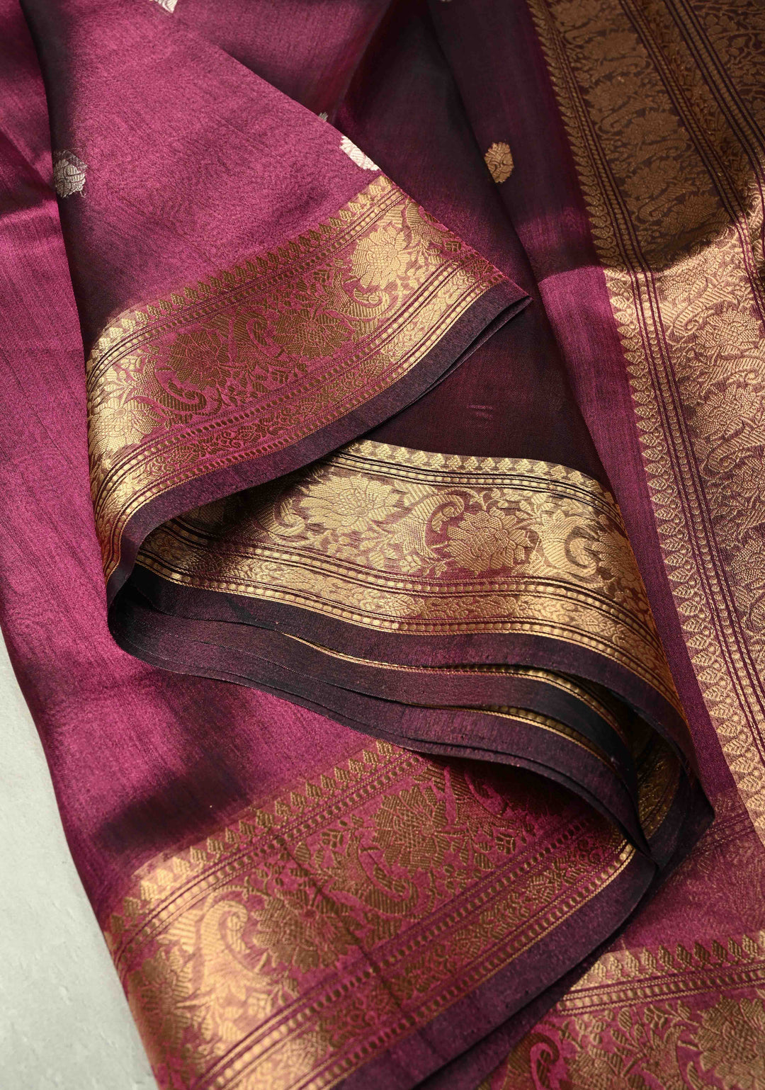 Ruby Wine Pure Banarasi Organza Tissue Silk Saree with Sona Rupa Buttas and Zari Border | SILK MARK CERTIFIED