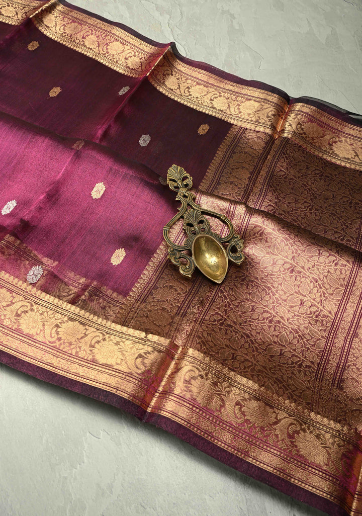 Ruby Wine Pure Banarasi Organza Tissue Silk Saree with Sona Rupa Buttas and Zari Border | SILK MARK CERTIFIED