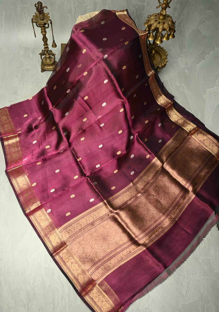 Ruby Wine Pure Banarasi Organza Tissue Silk Saree with Sona Rupa Buttas and Zari Border | SILK MARK CERTIFIED