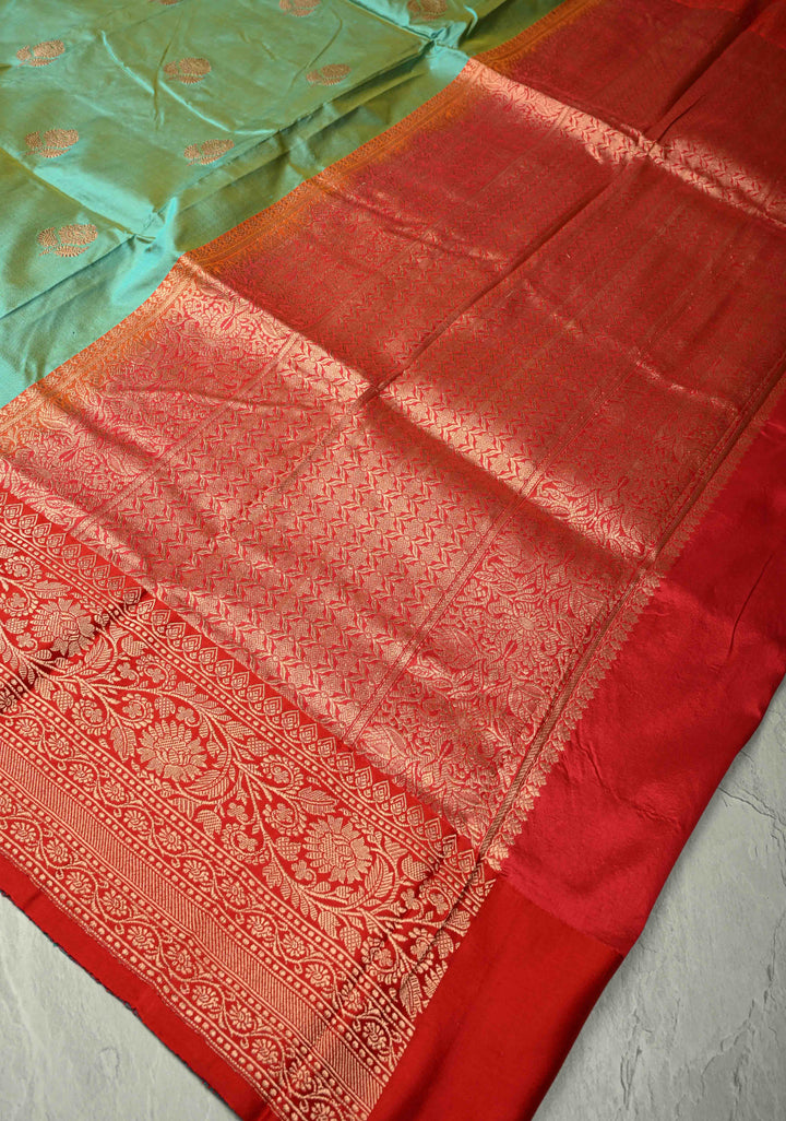 Mint Green Dual Tone Banarasi Katan Silk Saree with Floral Zari Buttas and Contrast Zari Border | SILK MARK CERTIFIED | SHOBITAM