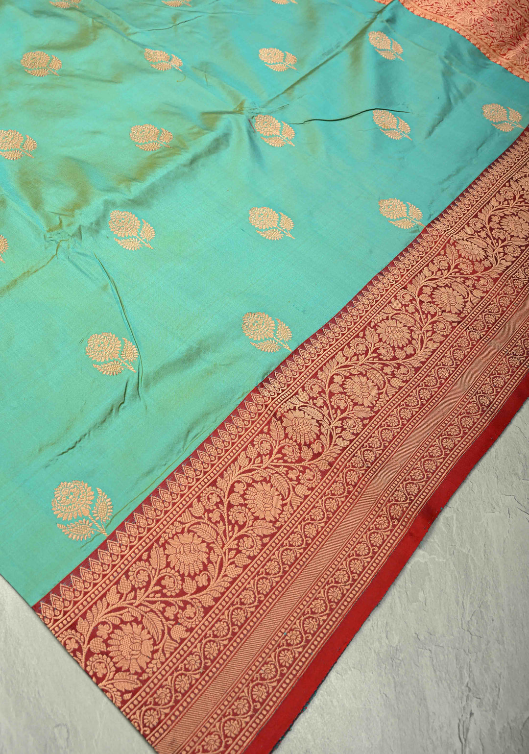Mint Green Dual Tone Banarasi Katan Silk Saree with Floral Zari Buttas and Contrast Zari Border | SILK MARK CERTIFIED | SHOBITAM