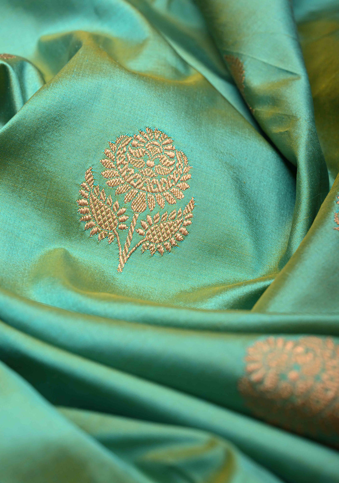 Mint Green Dual Tone Banarasi Katan Silk Saree with Floral Zari Buttas and Contrast Zari Border | SILK MARK CERTIFIED | SHOBITAM