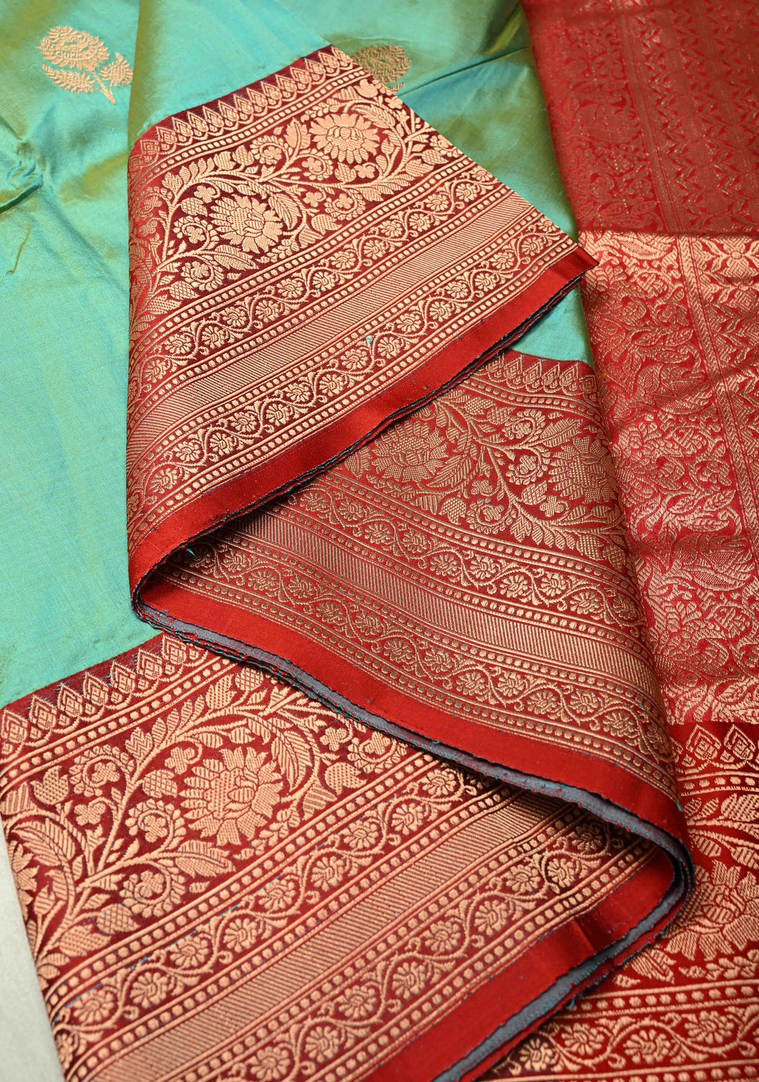 Mint Green Dual Tone Banarasi Katan Silk Saree with Floral Zari Buttas and Contrast Zari Border | SILK MARK CERTIFIED | SHOBITAM