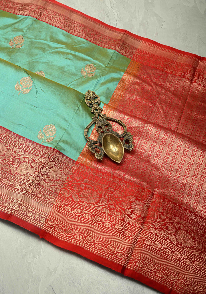 Mint Green Dual Tone Banarasi Katan Silk Saree with Floral Zari Buttas and Contrast Zari Border | SILK MARK CERTIFIED | SHOBITAM