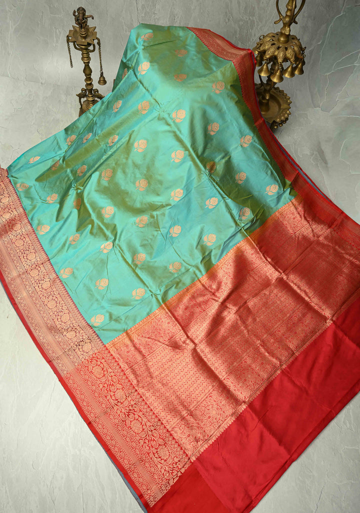 Mint Green Dual Tone Banarasi Katan Silk Saree with Floral Zari Buttas and Contrast Zari Border | SILK MARK CERTIFIED | SHOBITAM