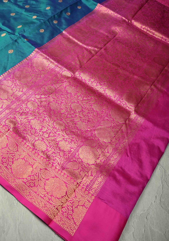 Peacock Blue Dual tone Banarasi Katan Silk Saree with Zari Buttas and Contrast Zari Border | SILK MARK CERTIFIED