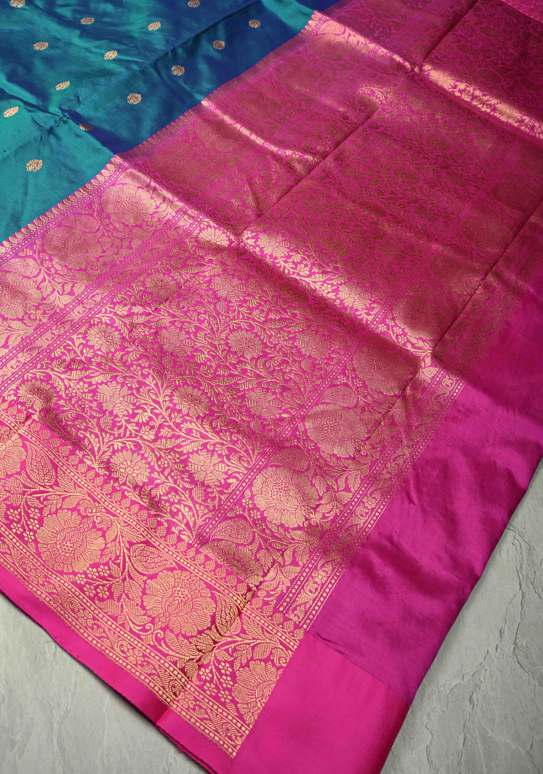 Peacock Blue Dual Tone Katan Silk Handloom Saree with Zari Buttas and Contrast Zari Border | SILK MARK CERTIFIED