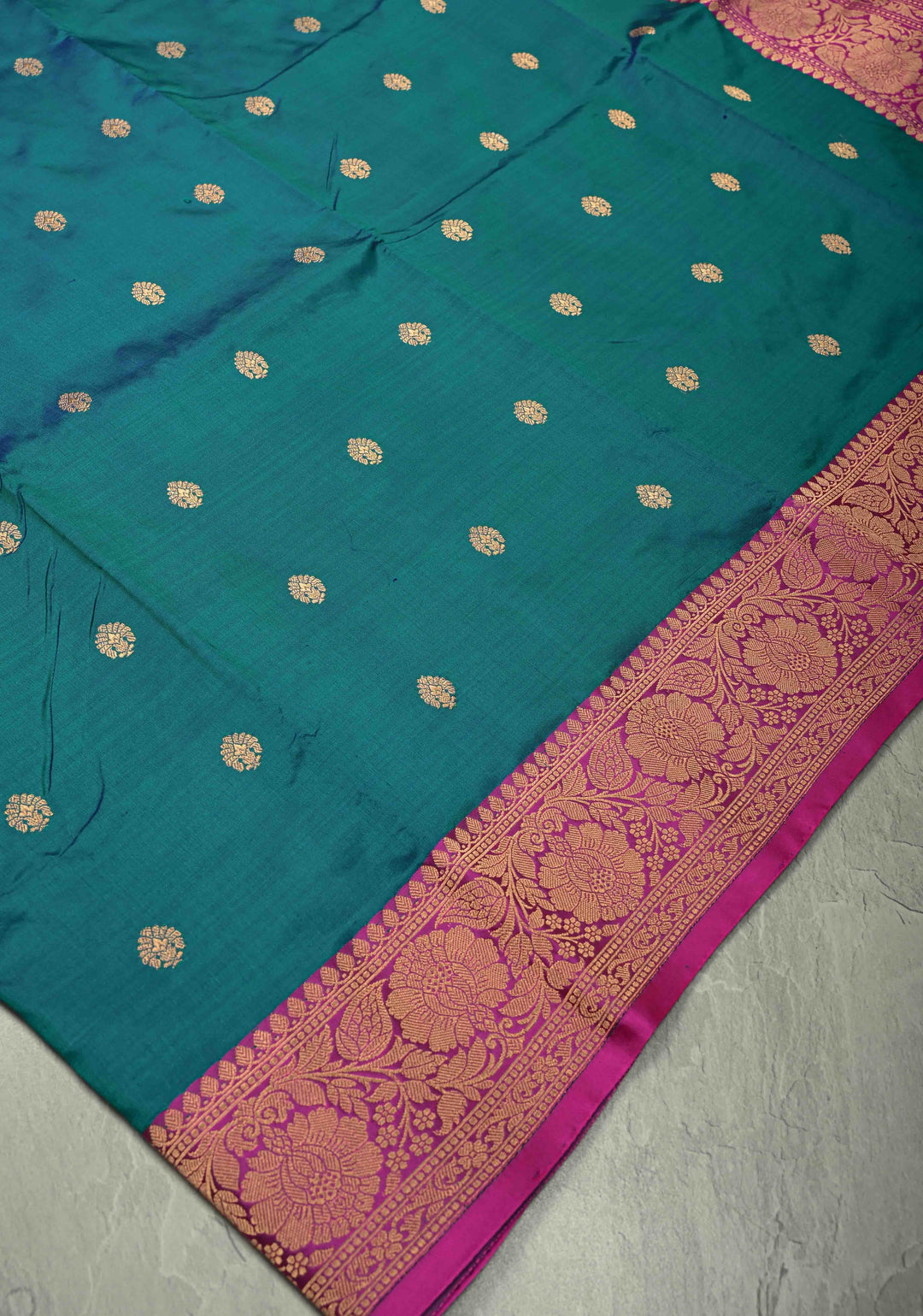 Peacock Blue Dual Tone Katan Silk Handloom Saree with Zari Buttas and Contrast Zari Border | SILK MARK CERTIFIED