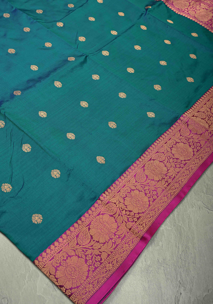 Peacock Blue Dual Tone Katan Silk Handloom Saree with Zari Buttas and Contrast Zari Border | SILK MARK CERTIFIED