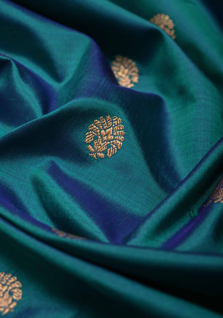 Peacock Blue Dual Tone Katan Silk Handloom Saree with Zari Buttas and Contrast Zari Border | SILK MARK CERTIFIED