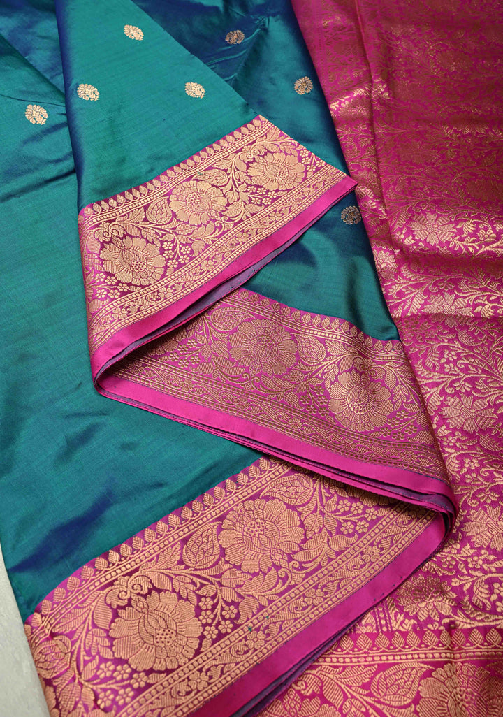 Peacock Blue Dual Tone Katan Silk Handloom Saree with Zari Buttas and Contrast Zari Border | SILK MARK CERTIFIED