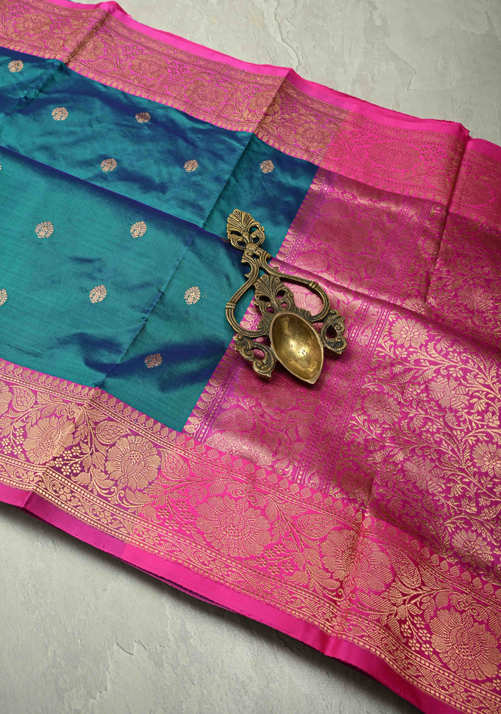 Peacock Blue Dual Tone Katan Silk Handloom Saree with Zari Buttas and Contrast Zari Border | SILK MARK CERTIFIED