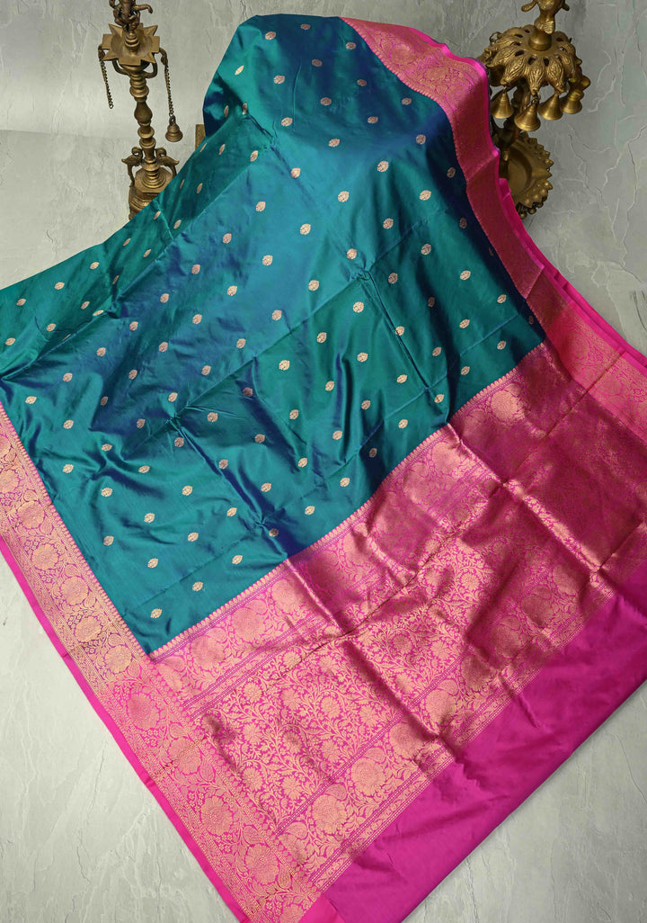 Peacock Blue Dual Tone Katan Silk Handloom Saree with Zari Buttas and Contrast Zari Border | SILK MARK CERTIFIED