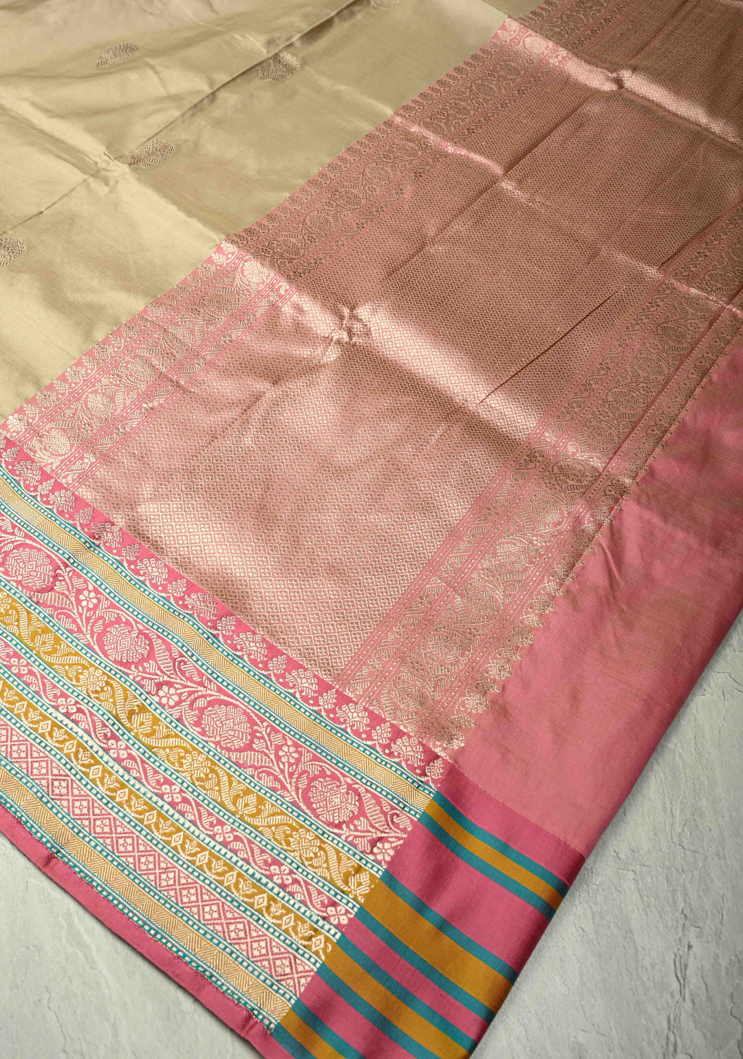 Taupe Katan Silk Handloom Saree with Zari Buttas and Meenakari Border | SILK MARK CERTIFIED | SHOBITAM