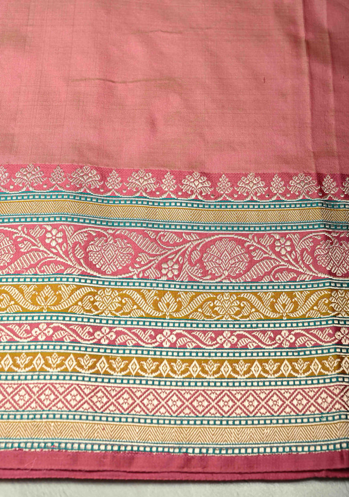 Taupe Katan Silk Handloom Saree with Zari Buttas and Meenakari Border | SILK MARK CERTIFIED | SHOBITAM